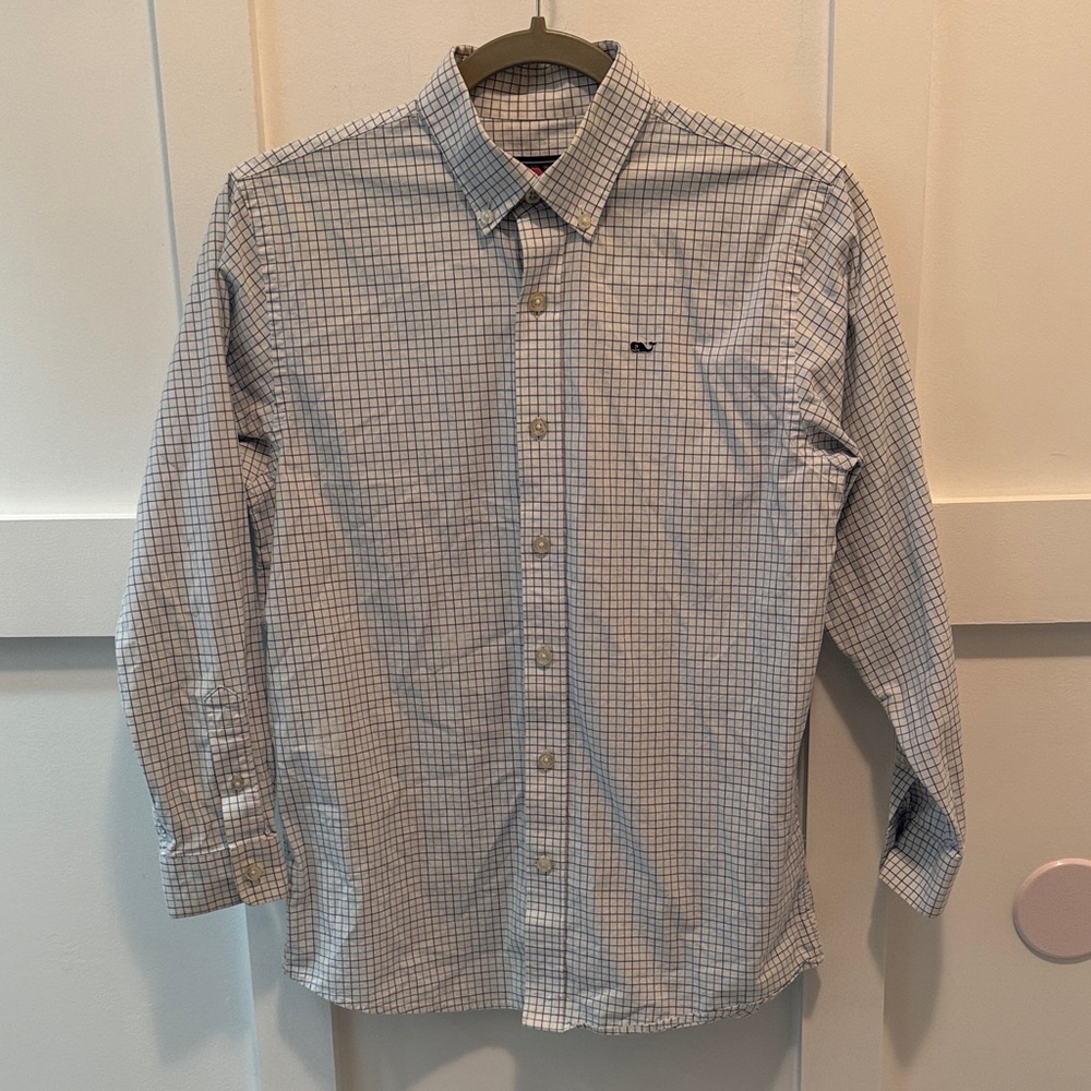 Boys Vineyard Vines Blue Checkered long sleeve button down Shirt size Med 12-14